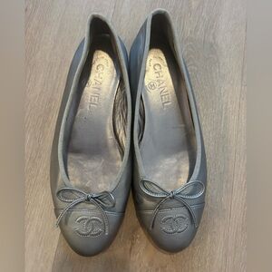 CHANEL Metallic Gray Flats with Bow